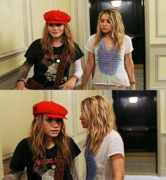 two pictures of the same person with long hair wearing a red beret and looking at each other