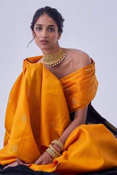 Mustard saree with peacock, stripe woven motifs and tassel border. Comes with unstitched blouse piece. - Aza Fashions Mustard Saree, Fashion App, Blouse Piece, Aza Fashion, Pure Silk, Mustard, Hand Weaving, Saree, Silk