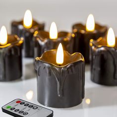 Eywamage Black Dripping Wax Flameless Votive Candles with Remote, Flickering Battery Operated LED Gothic Candles Φ 2" H 2" Psychic Party, Halloween Wine Bags, Bedroom Witchy, Power Aesthetic, Spooky Halloween Gifts, Gift Ideas For Adults, Gothic Candles, Fake Candles, Circus Theme Party