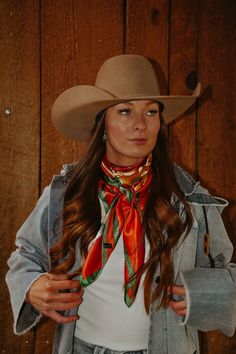 Orange wild rag, approx. 36" x 36." 100% Polyester. Silk Scarf Western Outfit, Wild Rag Fashion, Womens Wild Rag Outfits, Summer Wild Rag Outfits, Outfit With Wild Rag, 90s Cowgirl Outfits, Wild Rag Knots, Wild Rags Outfits Summer, Western Style Fashion