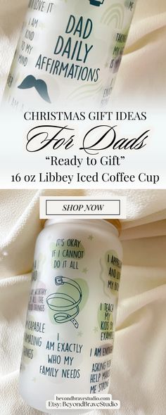 This dad daily affirmation glass can makes the perfect iced coffee cup to enjoy daily. This would make a great gift as a iced coffee glass can tumbler, affirmation glass cup, dad affirmation Libby glass can cup, glass can with lid and straw, coffee cup for dad, coffee cup for husband, unique gift for dad, fathers day gift, father appreciation gift, husband appreciation gift, mental health glass can for men, men's unique gift, and more. Tumbler Coffee Cups, Unique Gifts For Dad