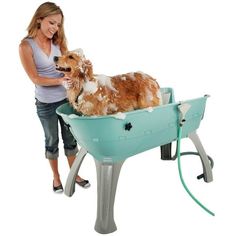 a woman washing a dog in a bathtub