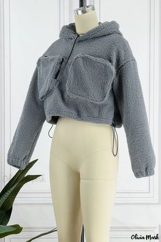 Olivia Mark - Premium Grey Solid Patchwork Hooded Collar Top Gray Hooded Top With Pockets, Gray Fleece Tops With Pockets, Gray Fleece Top With Pockets, Winter Fleece Tops With Pockets, Pocket Top, Collar Top, Color Shorts, Patchwork Designs, Online Tops