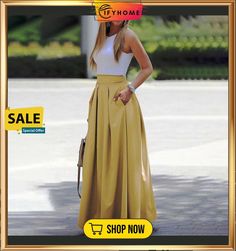 Summer Fashion Casual Elegant Women Pleated Maxi Skirt Summer High Waist Pleated Party Skirt, Chic High Waist Pleated Skirt For Summer, Chic High-waist Pleated Skirt For Summer, Chic Long Pleated Skirt For Summer, Chic Long Pleated Summer Skirt, Chic Solid Color Summer Skirt, Chic Wide Leg Summer Skirt, Elegant Yellow Pleated Skirt For Summer, Elegant Yellow Pleated Summer Skirt