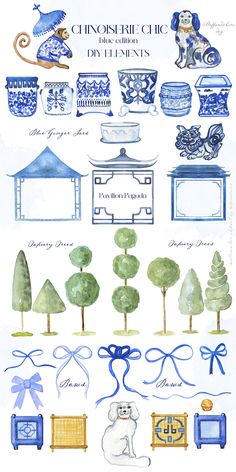 blue and white watercolors are shown in this image, with different types of objects