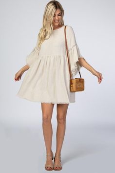 Beige Raw Edge Bell Sleeve Babydoll Dress – PinkBlush