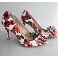 Betsey Johnson Red/White Floral Print Heels Size 5.5 - 3 5" Heel- New With Tags Spring Court Shoes With Red Sole And High Heel, Spring Court Shoes With Red Sole High Heel, White Heels With Red Sole For Spring, Chic White Heels With Floral Print, White Ankle Strap Heels With Red Sole, White Heels With Red Sole, White Heels With Red Sole And Ankle Strap, White Floral Print Closed Toe Heels, Chic White Floral Print Heels