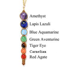 7 Stone Chakra Necklace Metal: Zinc Alloy Pendant Size: 3.125" (approx) Chain: 20" + 2" Extension (approx) Stones: Amethyst - 10 mm Lapis - 10 mm Aquamarine - 8mm Green Aventurine - 8mm Tiger Eye - 6mm Carnelian - 6 mm Red Agate - 6mm Chakra Heilung, Chakra Energy, Reiki Symbols, Energy Healing Reiki, Chakra Pendant, Sacred Stones, Seven Chakras, Chakra Necklace, Natural Stone Beads