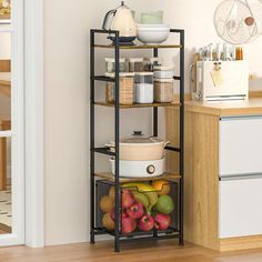 a kitchen with an open shelf filled with food