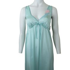 This Vintage Lorraine Night Gown Is The Perfect Gown To Transport You Back To Era Of Elegance And Romance. Vintage 1960s Brand: Lorraine Tag Size: M = Modern Small Made In Usa Light Blue 100% Nylon Fabric Crinkle, Silky, Shiny, Opaque Fabric Bodice Is Embellished With Pink Rose Applique Shaped Bodice Delicate Piping Trim Around Neckline And Arms Gathered Below The Bodice Back Yoke Flared Loose Line Sleeveless V-Neckline, Front And Back Long Length Measures Flat/Approx. Chest -- 34" - 86.5 Cm Len Blue Satin Nightgown For Bedtime, Blue Satin Nightgown For Night, Sleeveless Blue Satin Nightgown, Blue Sleeveless Satin Nightgown, Blue Satin Nightgown, Blue Nightgown, White Lace Bra, Strapless Bralette, Rose Applique