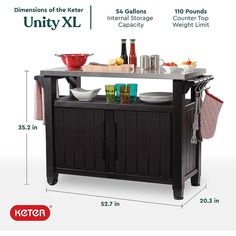 the kitchen island is shown with measurements for it's width and features different types of cooking utensils