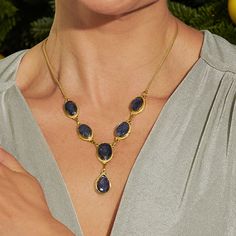 Ross-Simons - 55.00ct t. w. Sapphire Y-Necklace in 18kt Gold Over Sterling. 18". An RS exclusive. Here's a big look for a small price! Our stylish Y-necklace presents six sizable sapphires in a striking arrangement totaling 55.00 carats. Crafted in polished 18kt yellow gold over sterling silver and stationed on a chic foxtail-link chain with a 2" extender. Lobster clasp, sapphire Y-necklace. Sapphire birthstones are the perfect gift for September birthdays. Oval Fine Jewelry Necklace For Parties, Fine Jewelry Party Necklace, Luxury Faceted Necklace For Anniversary, Luxury Faceted Necklaces For Anniversary, Elegant Oval Faceted Necklaces, Elegant Oval Faceted Necklace, Gold Oval Necklace For Party, Oval Gold Necklace For Party, Formal Faceted Yellow Gold Necklaces