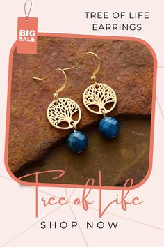 Tree of life Apatite Stone Earrings. If you are a Tree of Life jewelry lover who is looking for unique tree of life earrings and nature inspired jewelry, then these unique earrings are specially for you. These beautiful earrings feature a metal Tree of Life handcrafted and apatite natural stone. Moon Dance Charms offers unique handmade earrings, natural stone handcrafted jewelry, with a bohemian style touch. Visit our website >> Tree Of Life Earrings, Moon Dance, Life Jewelry, Unique Handmade Earrings, Tree Of Life Jewelry, Apatite Stone, Hippie Earrings, Unique Trees, Metal Tree