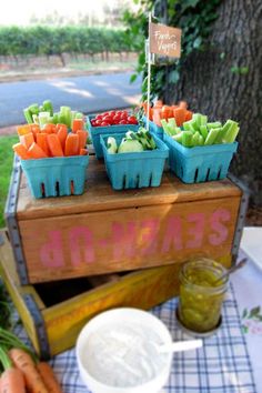 carrots, celery and other vegetables are on display at an outdoor party