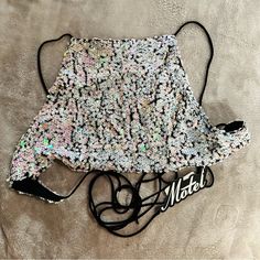 Us Size M, Brand New With Tags Summer T-back Halter Top For Night Out, Summer Sequined Backless Halter Top, Sequin Halter Neck Crop Top For Summer, Sequined Backless Halter Top For Summer, Backless Sequined Halter Top For Summer, Summer Party T-back Halter Top, Party T-back Halter Top Beachwear, White Beachwear Halter Top For Party, Summer Festival Crop Top With Sequins