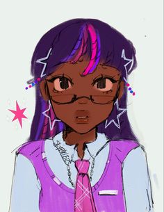 a drawing of a girl with purple hair and glasses, wearing a pink shirt and tie