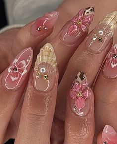 Trendy Nails For Fall, Pink Maximalist, Nails For Fall, Nails Flower, Tropical Nails, Flowers Tropical, Nails 3d