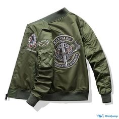 OrcaJump - Professional Utility Jacket: Military Style Pilot Jacket with Embroidered Baseball Uniform Design Hooded Winter Outerwear With Embroidered Patch, Hooded Outerwear With Embroidered Patch For Fall, Hooded Outerwear With Embroidered Graphics For Fall, Casual Hooded Outerwear With Embroidered Patch, Casual Fall Outerwear With Embroidered Graphics, Fall Outerwear With Embroidered Graphics And Long Sleeves, Fall Long Sleeve Outerwear With Embroidered Graphics, Green Embroidered Streetwear Outerwear, Green Embroidered Outerwear For Streetwear