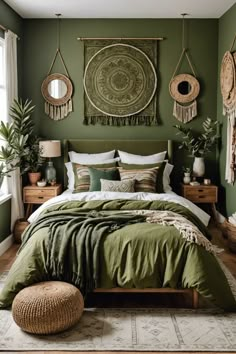 a bedroom with green walls and white bedding, pillows and rugs on the floor