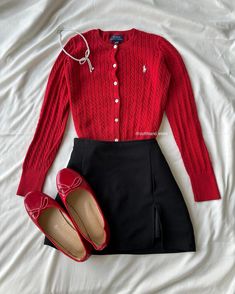 Red Ballet Shoes, Christmas Outfit Ideas, Paris Outfits, Christmas Outfits, Red Cardigan, Cute Simple Outfits, Professional Outfits, Christmas Fashion