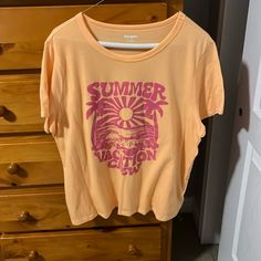 “Summer Vacation Crew” Orange And Pink Short Sleeve Shirt Fits Smaller Than An Xl Never Worn But Missing Tags Pink Short Sleeve T-shirt For Day Out, Pink T-shirt For Spring Day Out, Casual Pink Summer Tops, Pink Summer T-shirt For Day Out, Casual Pink Top For Vacation, Pink Letter Print T-shirt For Day Out, Pink Short Sleeve T-shirt For Summer, Summer Pink T-shirt For Beach, Pink Summer T-shirt For Beach