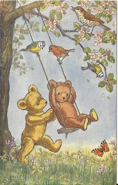 two teddy bears are swinging on a swing with birds and flowers in the back ground