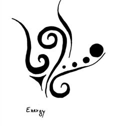 the word energy is written in black ink on a white background with swirls and dots