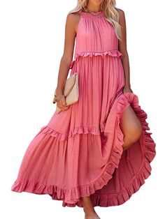 Embrace effortless elegance with our Ruffled Sleeveless Tiered Maxi Dress with Pockets. Featuring charming ruffles and a tiered design, this dress offers a flowy, romantic silhouette. The added pockets combine practicality with style, making it perfect for both casual and special occasions. Cute Dresses Long, Casual Midi Dresses, Dress For Vacation, Beach Dresses Casual, Beach Long Dress, Dress Cake, Halter Maxi Dress, Camisole Dress, Dress Dusty