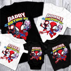 three shirts with spider - man characters on them, one is for the first birthday boy