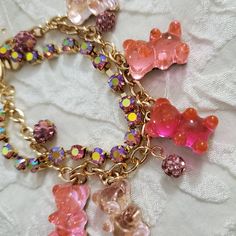 Betsey Johnson Gummy Bear Lucite Rhinestone Bracelet Nwt Rare Pink Crystal Bracelet With Rhinestones, Cute Pink Gold Jewelry For Party, Trendy Pink Resin Jewelry, Cute Pink Resin Jewelry, Pink Adjustable Charm Bracelet For Parties, Adjustable Pink Charm Bracelet For Party, Pink Adjustable Crystal Bracelet With Rhinestones, Adjustable Pink Crystal Bracelet With Rhinestones, Adjustable Pink Jeweled Jewelry