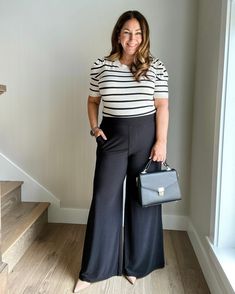 20 Transitional Fall Workwear Outfits – The Recruiter Mom Work Wear Midsize, Black High Waisted Pants Outfit, Black Wide Leg Pants Outfit Work, Midsize Workwear, Curvy Mom Outfits, Comfy Work From Home Outfits, Wide Leg Pants Outfit Work, Curvy Work Outfit, Midsize Fall Outfits