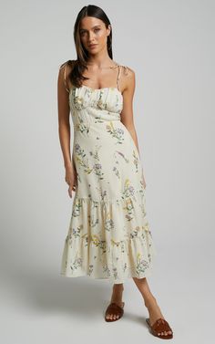 Monaco Midi Dress - Strappy Sweetheart Tiered Dress in Botanical floral Floral Midi Dress Casual, Dainty Floral Dress, Midi Dress 2023, White Floral Summer Dress, Graduation Dress College, Flower Party Dress, Summer Maxi Dress Floral, Monaco Dress, Family Pic