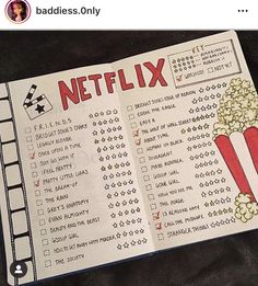 an open book with the words netflix written on it and a movie ticket next to it