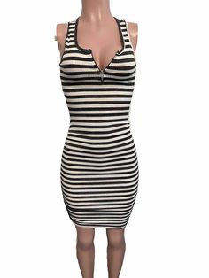 Striped Ruched Zip Bust Short Cleavage Dress S New Casual Vacay Party Nautical Striped Sleeveless Midi Dress For Party, Sleeveless Striped Midi Dress For Party, Striped Sleeveless Dress For Date Night, Striped Stretch Dress For Night Out, Striped Bodycon Dress For Summer Nights, Striped Summer Party Dress, Striped Stretch Dresses For The Beach, Beach Striped Stretch Dresses, Striped Lined Party Dress