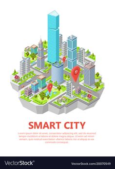 the smart city is located on an island with trees, buildings and gps pointers