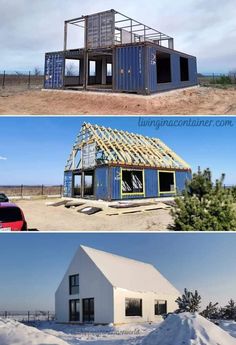 three pictures of different types of houses in the snow, one with a roof and one without