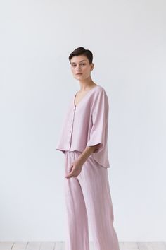 - Women trousers - Relaxed fit with elastic waist band - Cropped straight legs - 100% Midweight Linen - Available in XS-XL  - Cut and sewn to order in our studio - Color - dusty rose (available in any other color of listed linen) Linen Pjs, Sleepwear Ideas, Linen Sleepwear, Wide Leg Linen Trousers, Cotton Loungewear, Linen Tops, Women Trousers, Silk Pajama, Studio Color