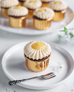 small cupcakes are sitting on plates next to each other