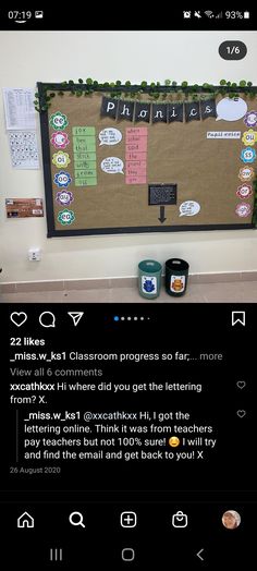 a bulletin board with the words phonics written on it and coffee mugs next to it