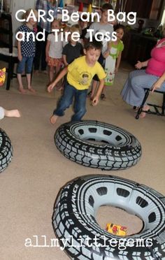 children playing with tires in the living room