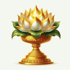 a golden vase filled with white flowers on top of a table