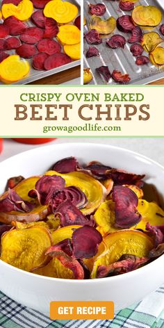 crispy oven baked beet chips in a white bowl with text overlay that reads crispy oven baked beet chips