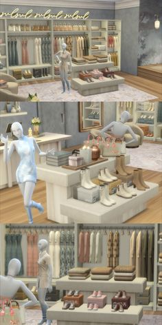 three different views of a store with mannequins in it