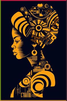 a woman's head is shown in yellow and black, with an abstract design