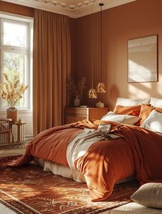 a bedroom with an orange bed spread and pillows