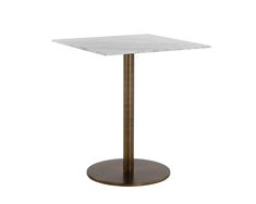 a white marble top table on a metal base with a round base in the middle