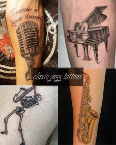 four different tattoos with musical instruments on them