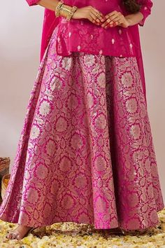 Pink lehenga in banarasi brocade base with floral pattern. Paired with a banarasi brocade top and sequin detailed dupatta. - Aza Fashions Brocade Skirts, Brocade Top, Brocade Lehenga, Banarasi Brocade, Brocade Skirt, Pink Lehenga, Pink Cotton, Set For Women, Aza Fashion