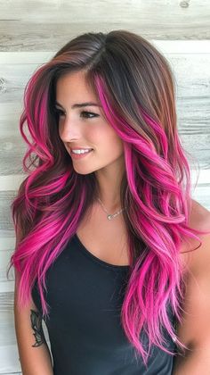 Dark Hair With Hot Pink Highlights, Neon Highlights, Pink Hair Highlights, Highlights Pink, Pink Hair Color Ideas, Pink Tips, Pink Hair Color, Magenta Hair