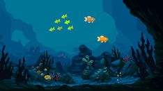 an underwater scene with fish and corals